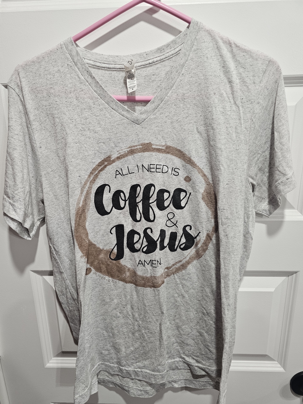 Coffee & Jesus Graphic V-neck Tee - Light Gray